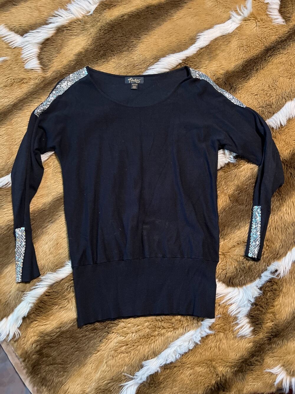 Thalia Sodi Black Rhinestone Embellished Shoulder Cuff Sweater Top XS XCH